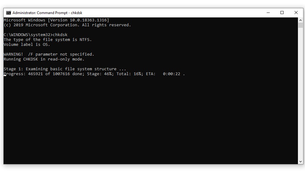Running the chkdsk command on Command Prompt in Windows 10 to check for disk errors