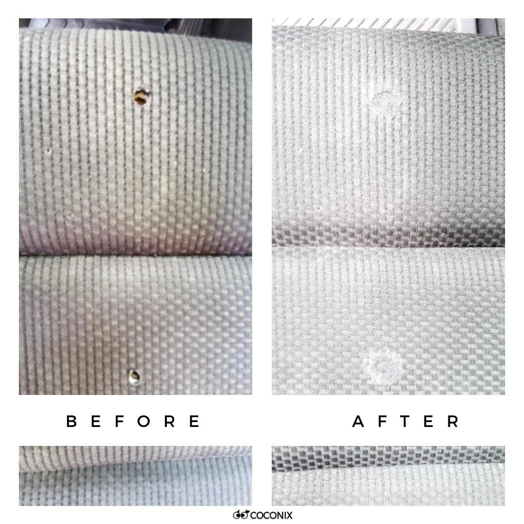 before and after image of a DIY fabric car interior repair