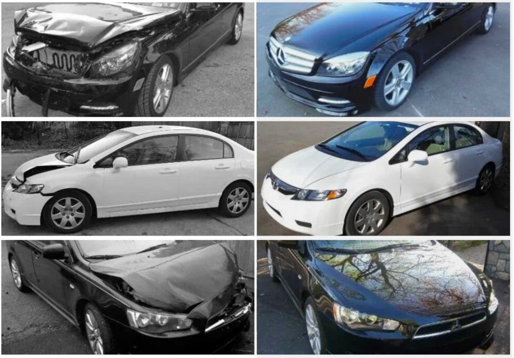 A before-and-after shot of a car, highlighting the transformative power of auto body repair