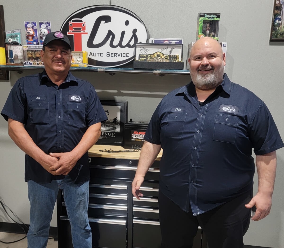 Joe Rodriguez and Cris Moreno collaborate closely as foreman and owner of Cris Auto Service in McAllen, demonstrating their teamwork and expertise in the automotive industry.