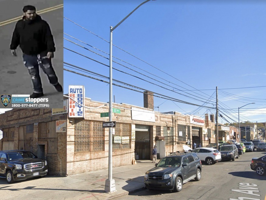 Suspect and A&P Auto Body and Repair (NYPD/ Google Maps)